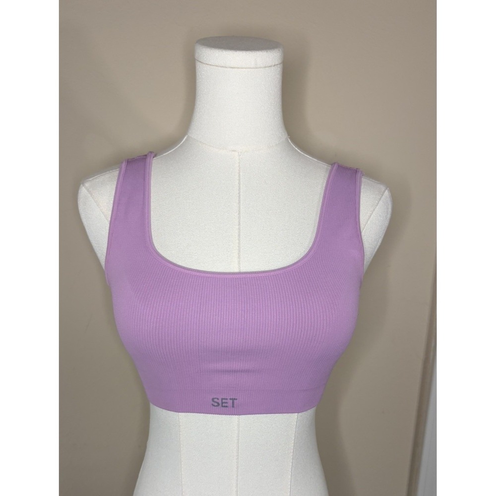 Set Active Women's Ribbed Cross Back Sports Bra Pink lavender Small Gym Casual